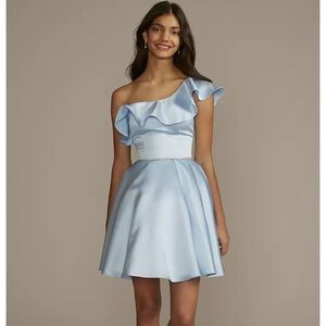 Light Blue One-Shoulder Ruffle Satin Party Dress